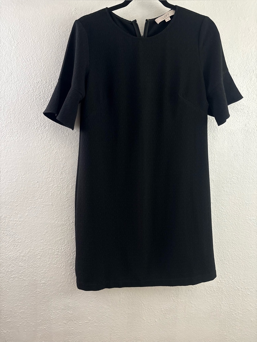 LOFT black shift dress jewel neckline and distinct short bell/flutter sleeves 4